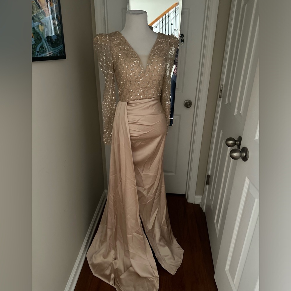 Elegant Sequin Embellished Champagne Evening Dress with sheer sleeve NWT